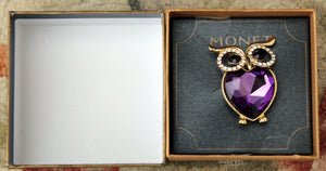 NOS Vintage  Monet OWL Rhinestone Pin Brooch W Original Box