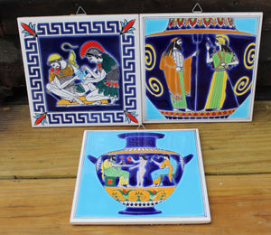 3 Vintage SMALTOTECHNIKI Greek Tiles Hand Made Greek Ceramic Tiles