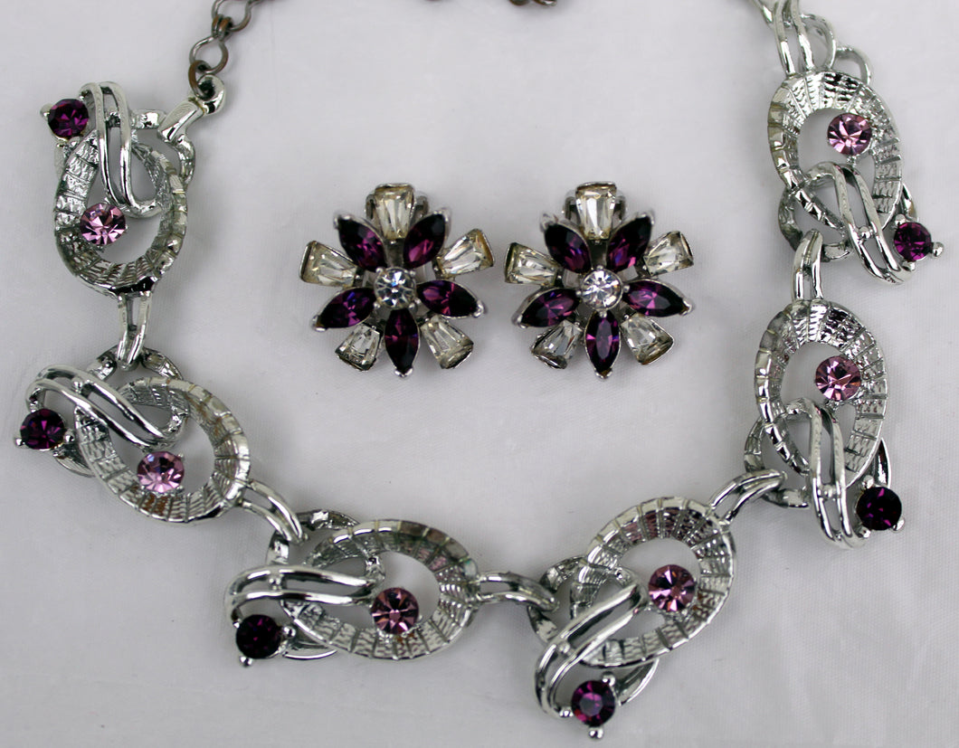 Vintage purple Rhinestone Necklace & Bellini Clip on Earrings