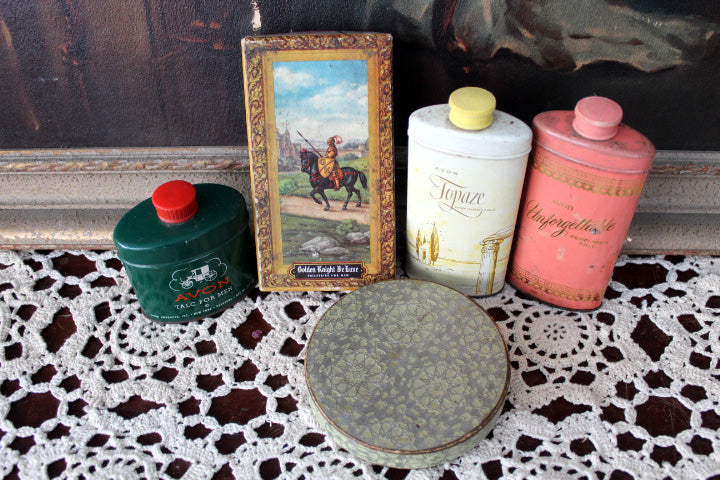 Vintage Vanity Lot Avon Decanters, Rice Silk Spools, Benjamin Ansehl Knight Perfume Bottle