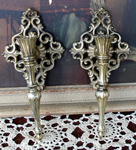 Pair Wall Sconces Candleholders Hollywood Regency Goldtone Metal