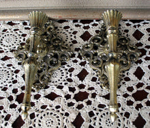 Load image into Gallery viewer, Pair Wall Sconces Candleholders Hollywood Regency Goldtone Metal