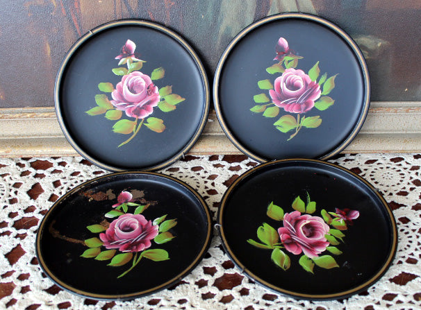 4 Vintage Nashco Hand Painted Trays Wall Art Toleware Roses