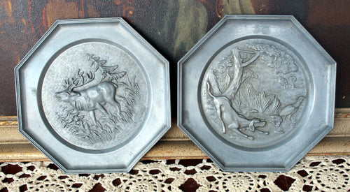 2 Vintage Pewter Plates Moose & Hunting Dog German?