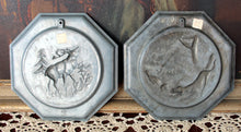 Load image into Gallery viewer, 2 Vintage Pewter Plates Moose &amp; Hunting Dog German?