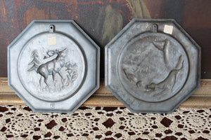 2 Vintage Pewter Plates Moose & Hunting Dog German?