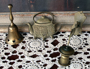 Vintage Brass Teapot Key Holder, Brass Heart Bell, Swivel Brass Candleholder