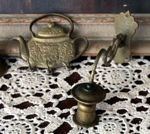 Vintage Brass Teapot Key Holder, Brass Heart Bell, Swivel Brass Candleholder