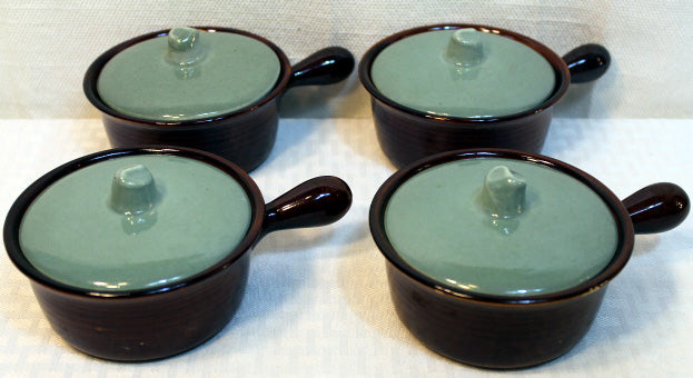 4 Red Wing Village Green Handled Mini Covered  Casserole Soup