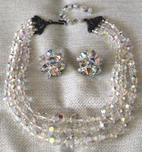 Load image into Gallery viewer, Vintage AB Crystal Triple Strand Necklace &amp; Clip Back Earrings