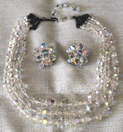 Vintage AB Crystal Triple Strand Necklace & Clip Back Earrings