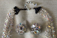 Load image into Gallery viewer, Vintage AB Crystal Triple Strand Necklace &amp; Clip Back Earrings