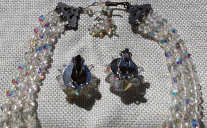 Vintage AB Crystal Triple Strand Necklace & Clip Back Earrings