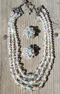 Vintage AB Crystal Triple Strand Necklace & Clip Back Earrings