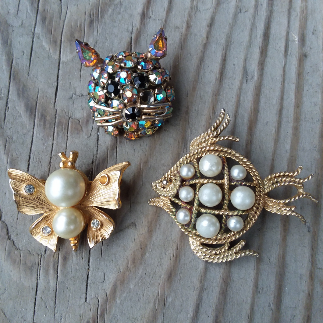 Vintage Warner Cat Pin , Mamselle Fish Pin, Unsigned Butterfly Pin Lot